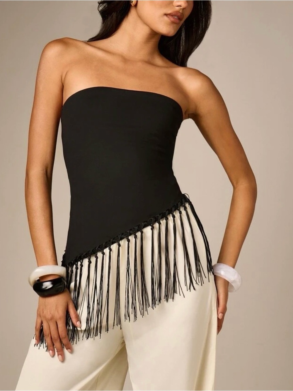 Asymmetric Tube Top With Fringe
